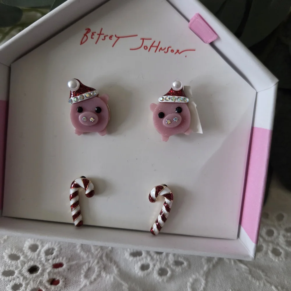 Betsey Johnson Festive Pink Pig Earrings with Candy Canes - Picture 3 of 4